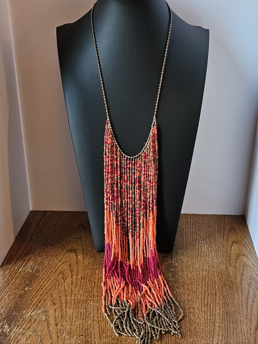 Boho Seed Bead Waterfall Fringe Statement Necklace